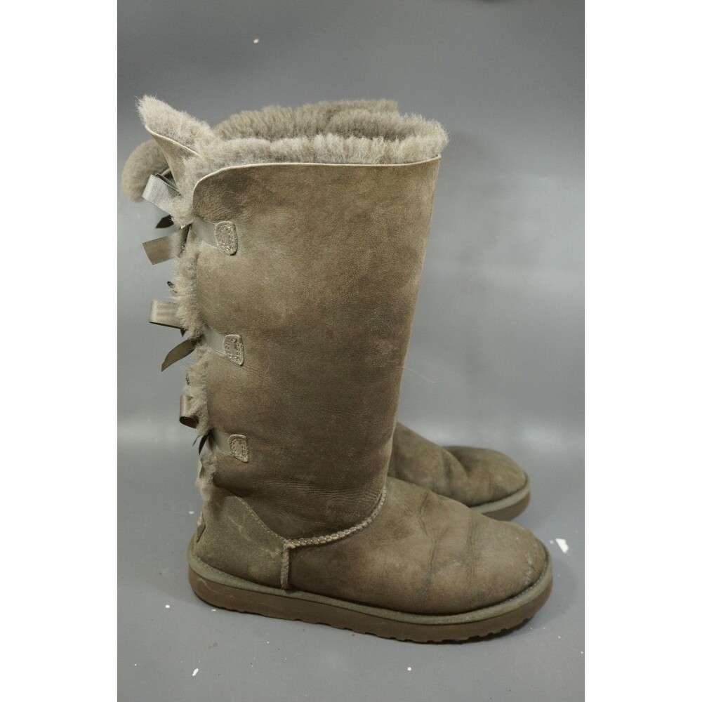 UGG Australia Bailey Bow II Tall Grey Sheepskin Triple Bow Boots Womens Size 10
